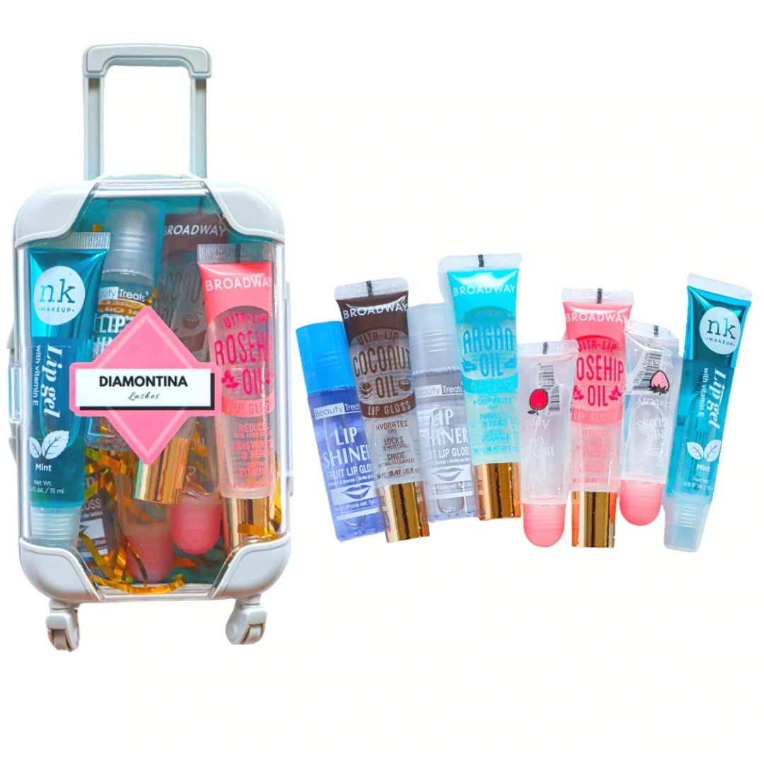 D2M Buttery Soft And Silky Smooth Mini Lip Gloss Bundle, 8 Lip Gloss, RK By Kiss Lip, NK APPLE/CHERRY, Lip Tattoo Bright Pink/Rose, Clear Lip Gloss 0.47oz/14ml - Blue