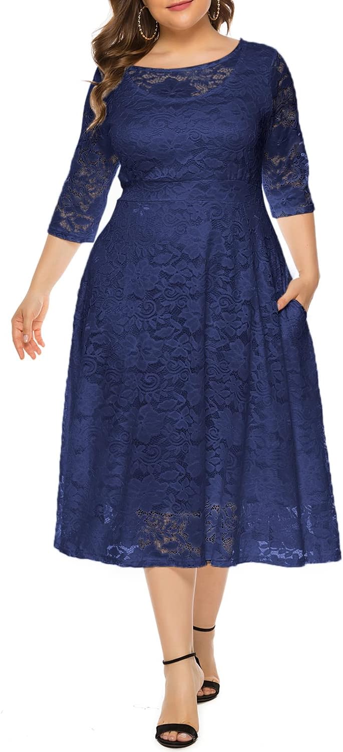 Chicwe Women's Stretch Lined Plus Size Lace Shift Dress Midi Length 3/4 Sleeves with Lace Hem and Cuff