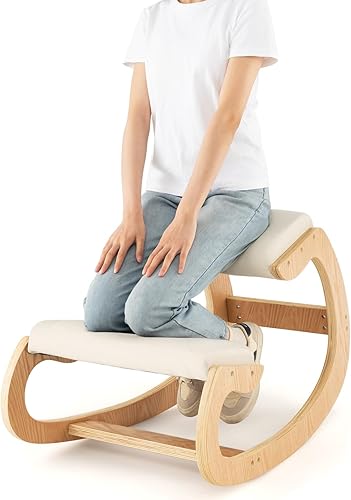 GOFLAME Silla ergonómica para arrodillarse, mecedora de madera con cómodo cojín de asiento acolchado y soporte de rodilla para oficina en casa,