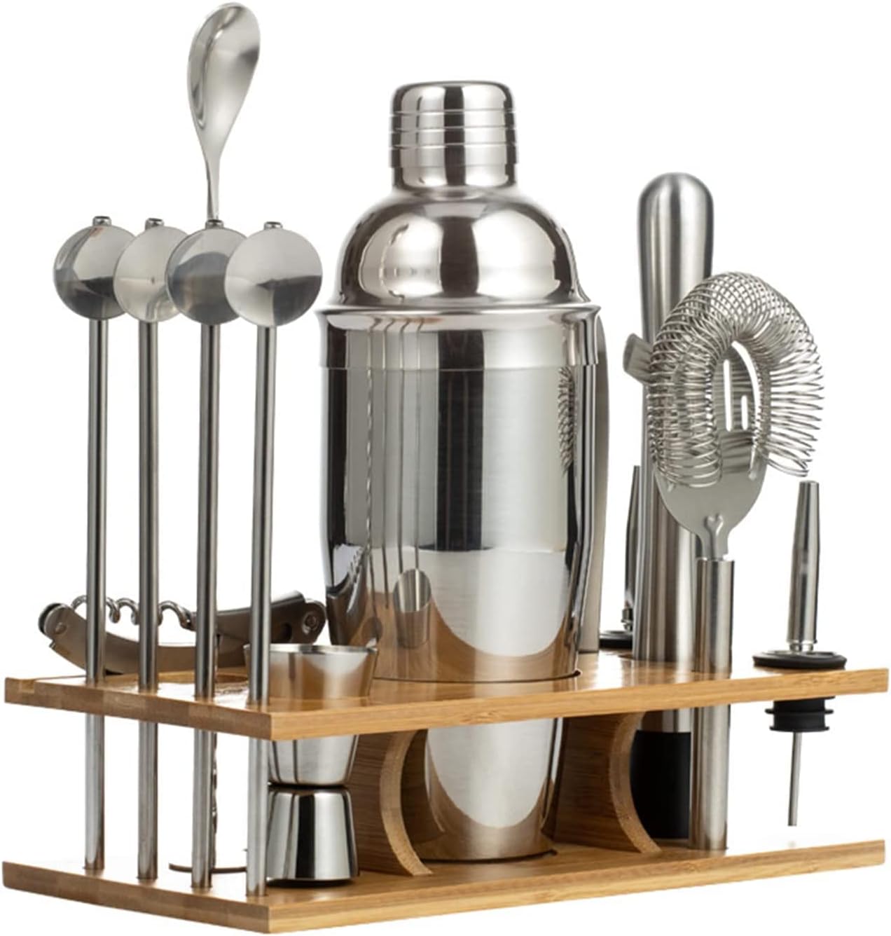 Stainless Steel Cocktail Shaker Set with Wooden Display Stand 14Pcs Steel Bar Tool Set Bartender Kit for Home/Bars/Outdoor Parties,750Ml