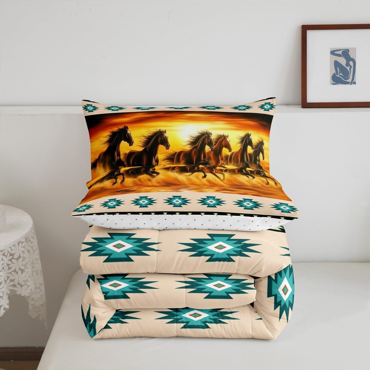 Feelyou Horse Bedding Set Queen Size Galloping Horse Comforter Set for Kids Boys Girls Decor Southwestern Aztec Boho Rustic Wild Western Farm Green Duvet Quilt Breathable Soft Bedroom Decor 3Pcs