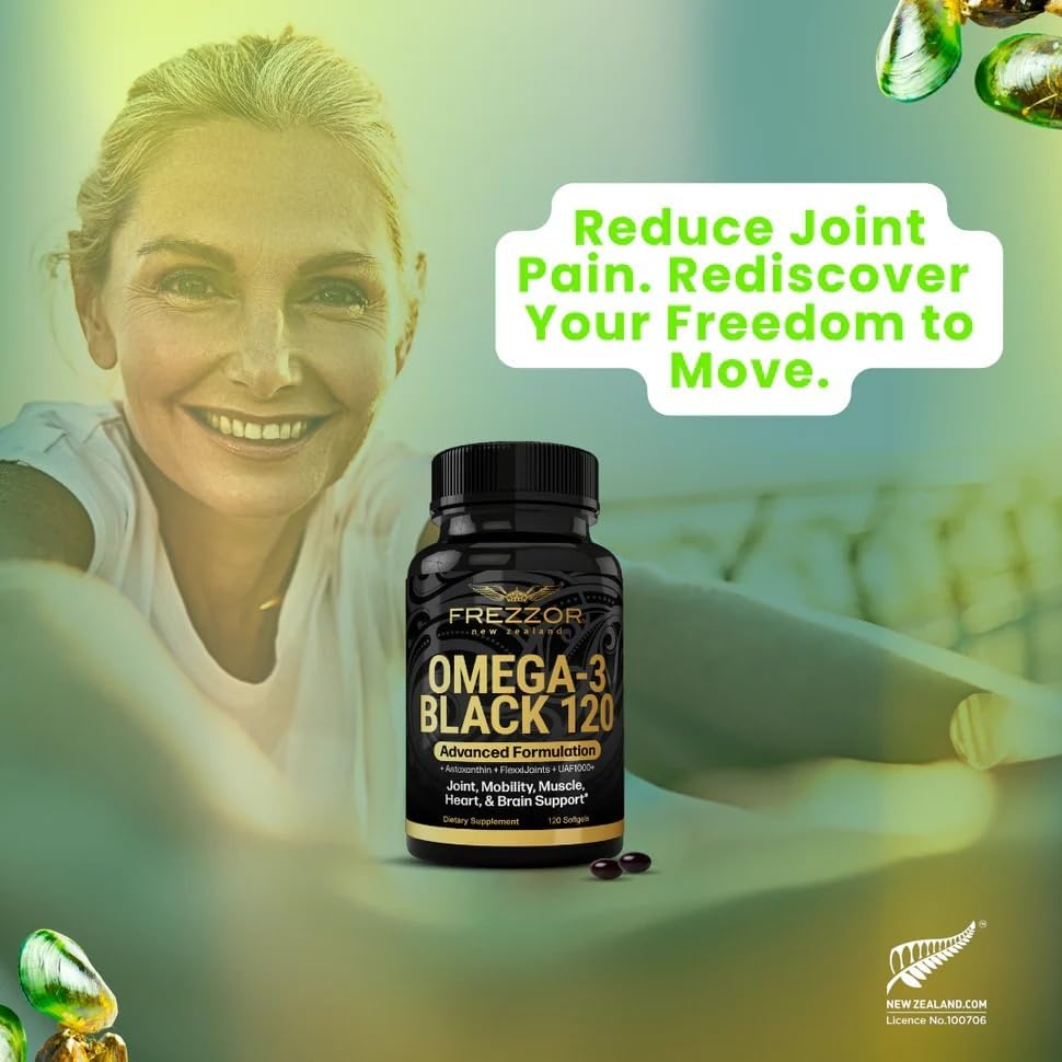 FREZZOR Omega 3 Black - Green Lipped Mussel Oil Capsules, Made in New Zealand, UAF1000+, No Fishy Aftertaste, 120 Count (Pack of 1) - Image 5