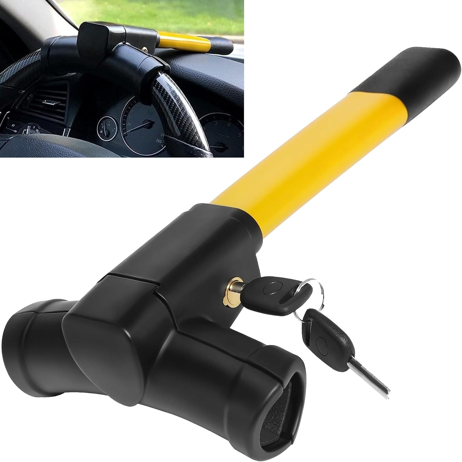 Antirrobo Coche Volante en T Amarillo, Barra Antirrobo Coche con 2 Llaves, Bloqueo de Volante Universal para Coche Furgoneta Caravana