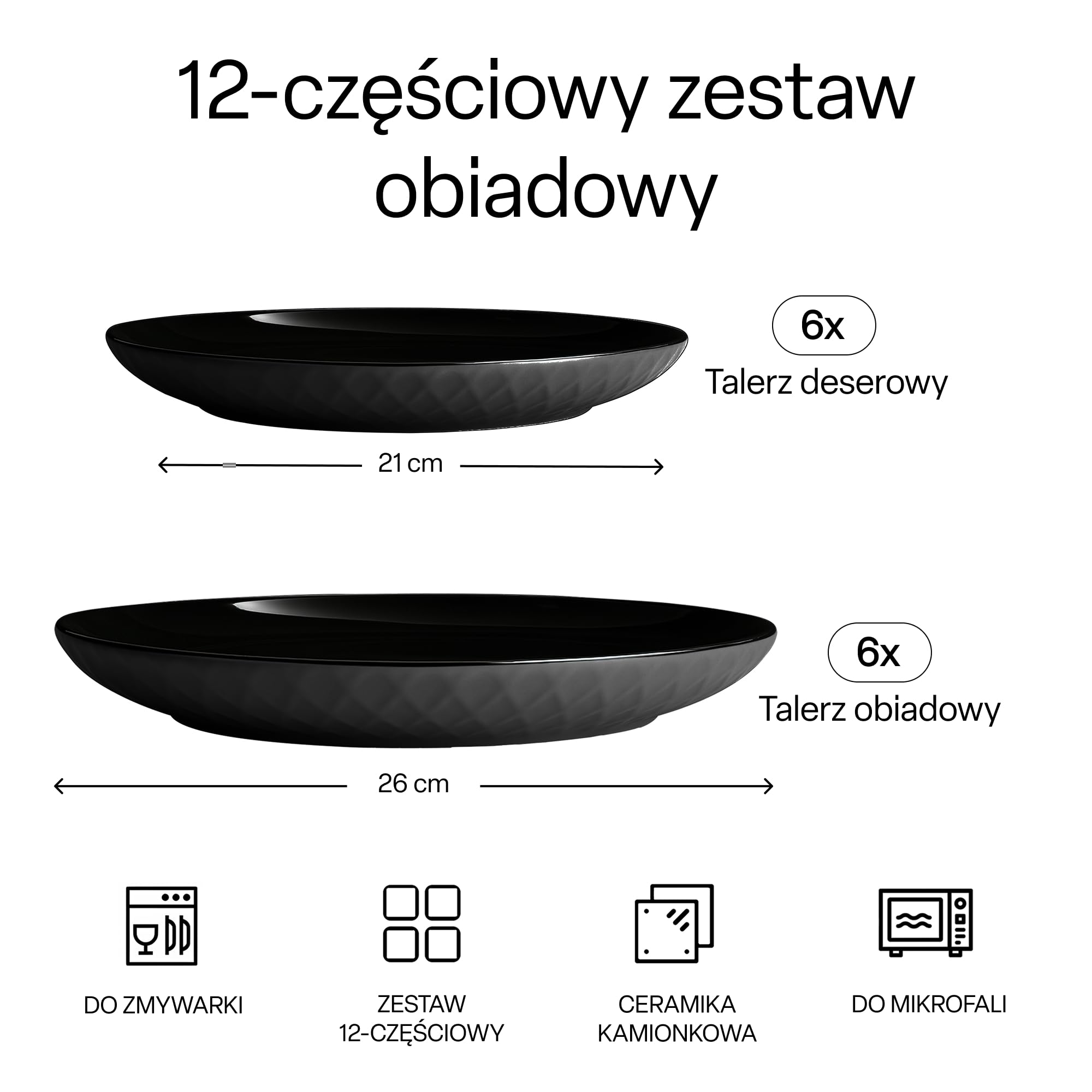 MIAMIO - Ceramiczna zastawa 12-częściowa dla 6 osób - Palmanova (Czarny) | Zastawa z 6 dużymi i 6 małymi ceramicznymi talerzami dla 6 osób - można myć w zmywarce