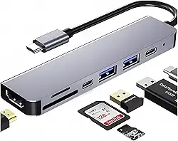 Hub USB-C 7 em 1, Adaptador Multiportas com HDMI 4K 60Hz, 2 Portas USB 3.0, Carregamento PD, Leitor de Cartão SD/TF, Cinza