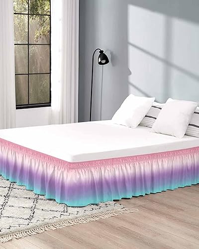 Miniatura 5 de Coloredd Falda de cama de arco iris, tamaño Queen de 16 pulgadas de caída, ajustable y elástica, faldas de cama plisadas de lujo con volantes de