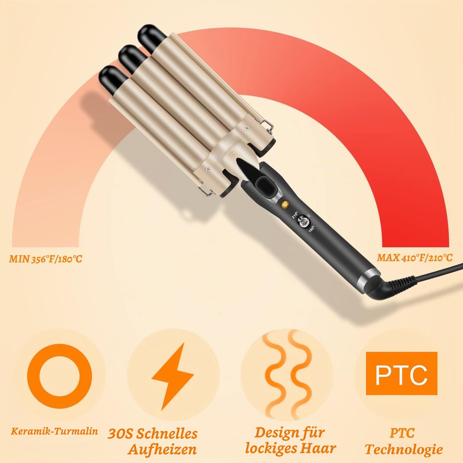 Lockenstab 3 Fässer LAYADO Welleneisen für Haare, Welleneisen 22mm, Beach Waves Lockenstab Einstellbar Schnell Eerhitzendes Professionelle Styling-Tool Für Alle Langes/Kurzes Haar