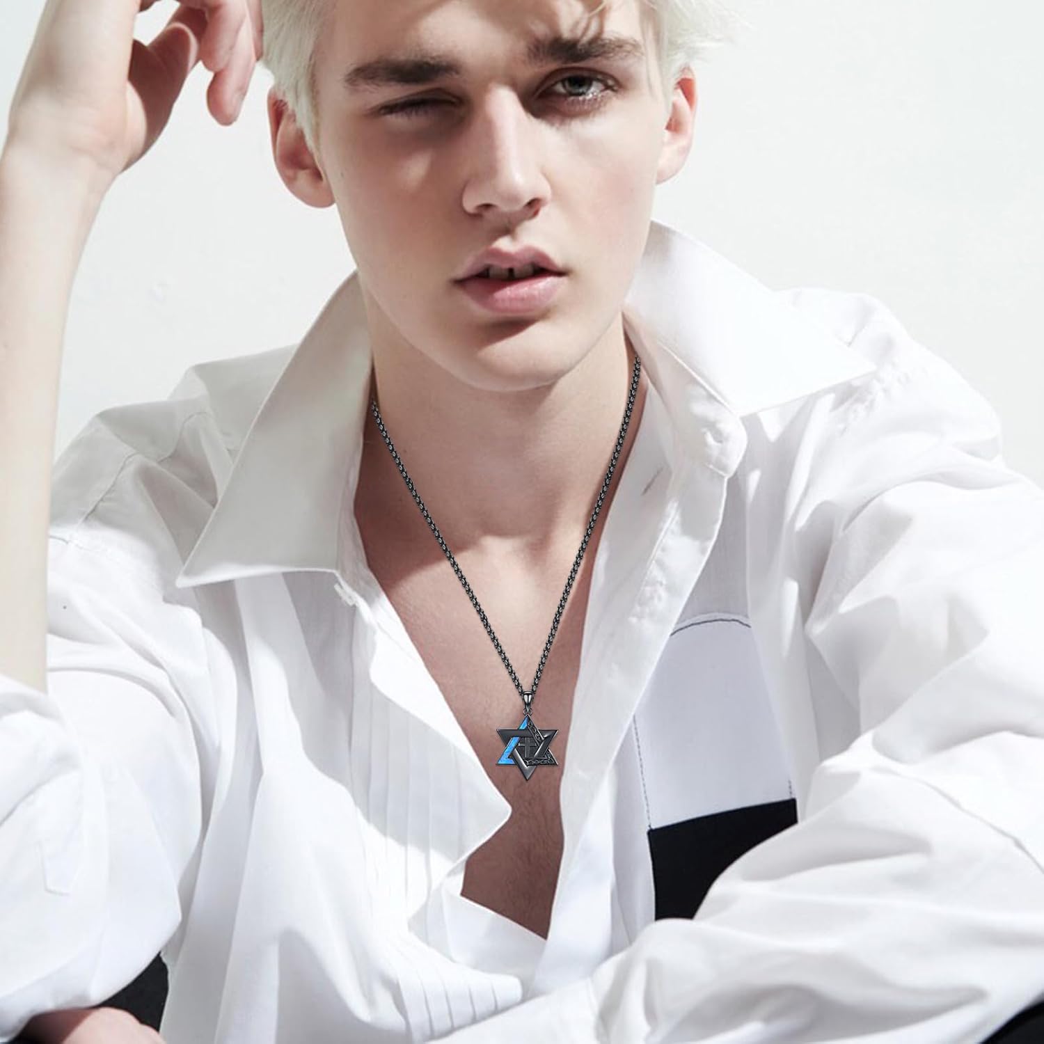 MEDWISE Star of David Cross Necklace, 925 Sterling Silver, Black Gold Plated,Blue Opal Pendant Cross Jewelry 22+2 inch Chain for Men Women Unisex Christmas Gifts - Image 3