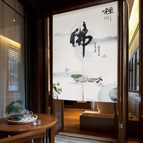 Miniatura 2 de Noren - Cortinas japonesas de lino y algodón, para puerta, cortina de loto con diseño de personaje chino, cortina de puerta de flores, 33 x 35