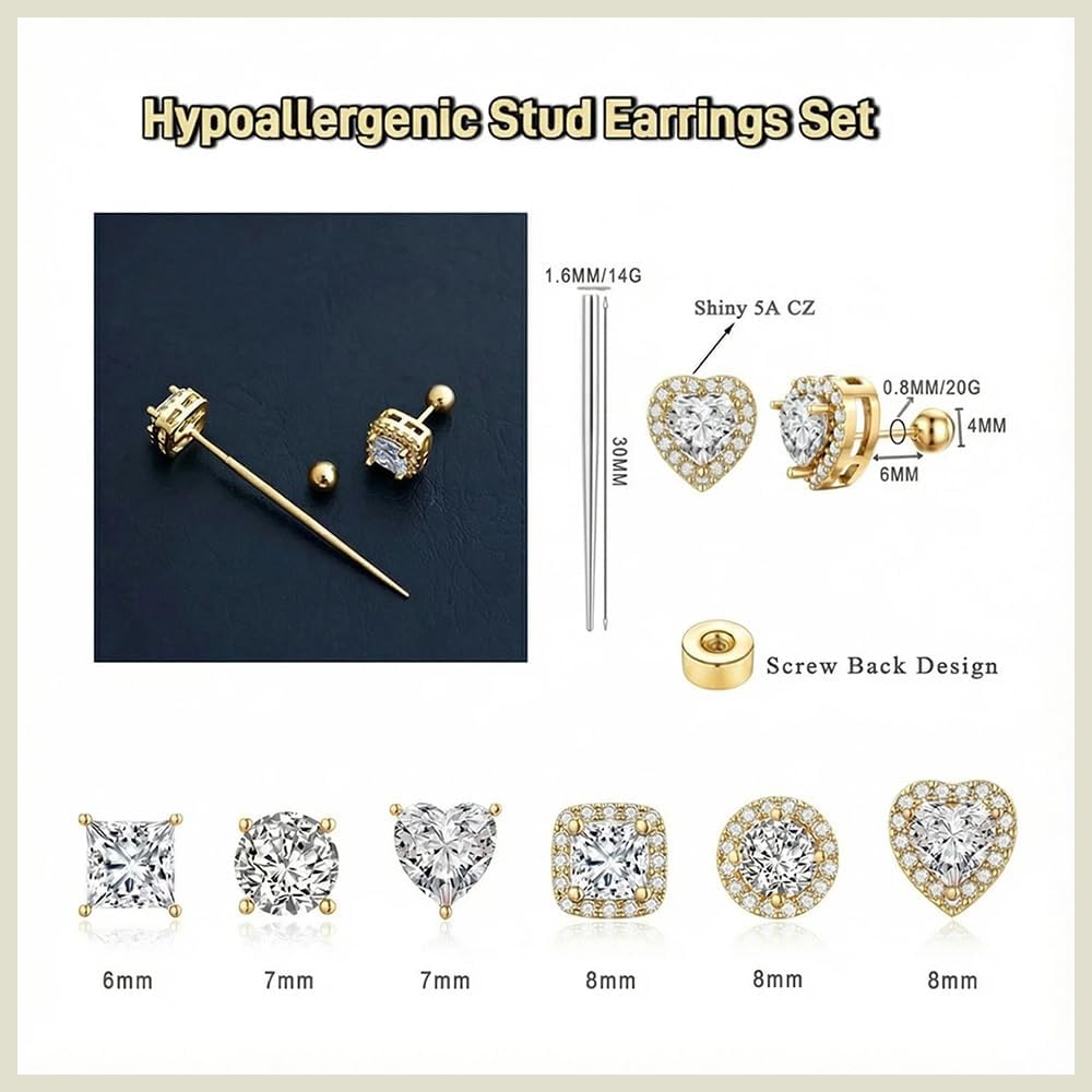 TOPBRIGHT 6 Pairs 20G Hypoallergenic Flat Back Stud Earrings - 14K Gold Plated Surgical Steel & Cubic Zirconia for Women Men, Nickel Free for Multiple Piercings Sensitive Ears - Image 3
