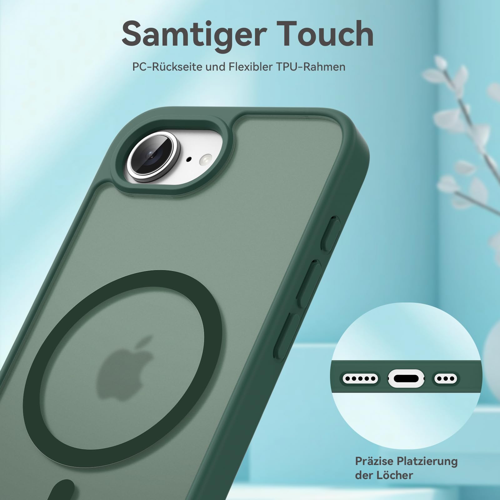 Natiiozie Magnetica Cover per iPhone 16E Compatibile con ricarica wireless Custodia Traslucida Opaca Posteriore, Antiurto Anti-impronta Resistente ai Graffi Protettiva Case iPhone 16E verde