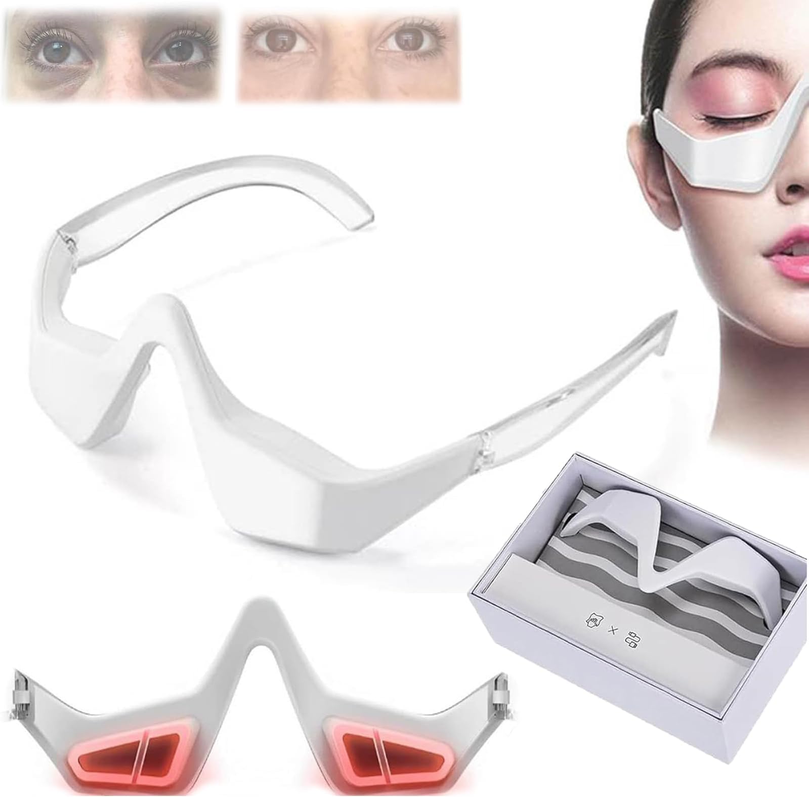 Eyes Red Light Glasses, Eyes Advanced Under Eye Renewal Therapy, 3D Eye Beauty Device for Remove Dark Circles, Wrinkles, Puffiness, Anti Aging, Relax Eye Care (White)