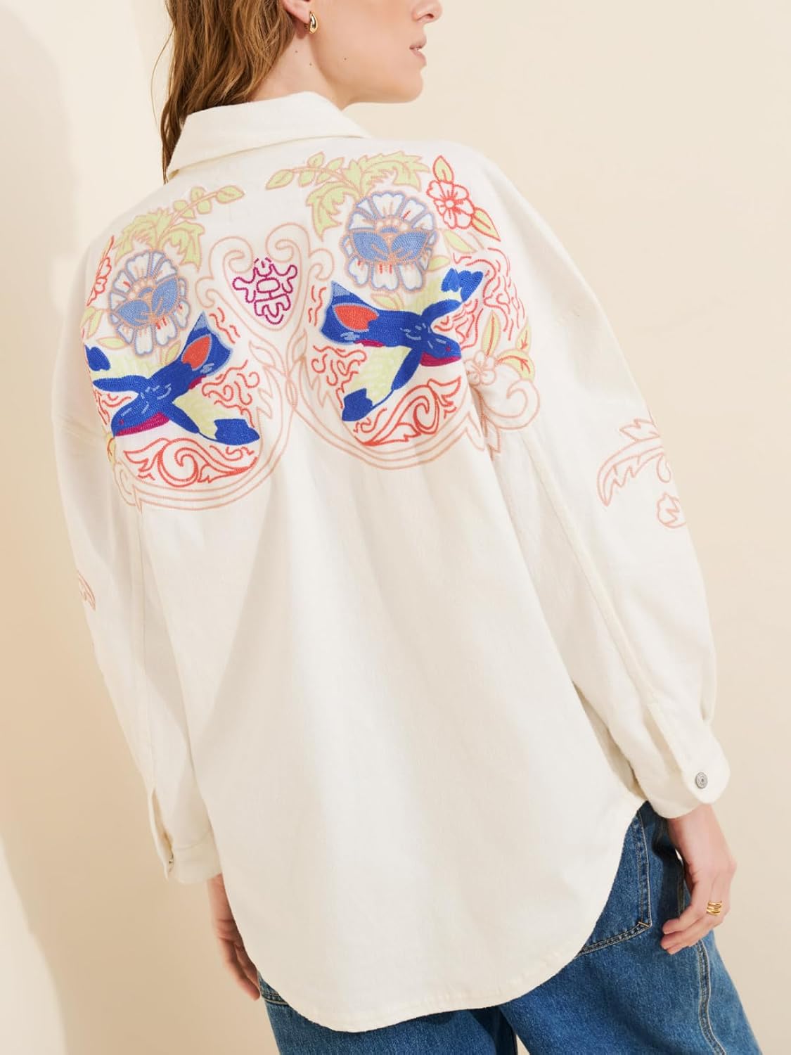 Womens Oversized Button Down Blouses Trendy Floral Embroidered Long Sleeve Collared Fall Casual Shirt Jacket - Image 6