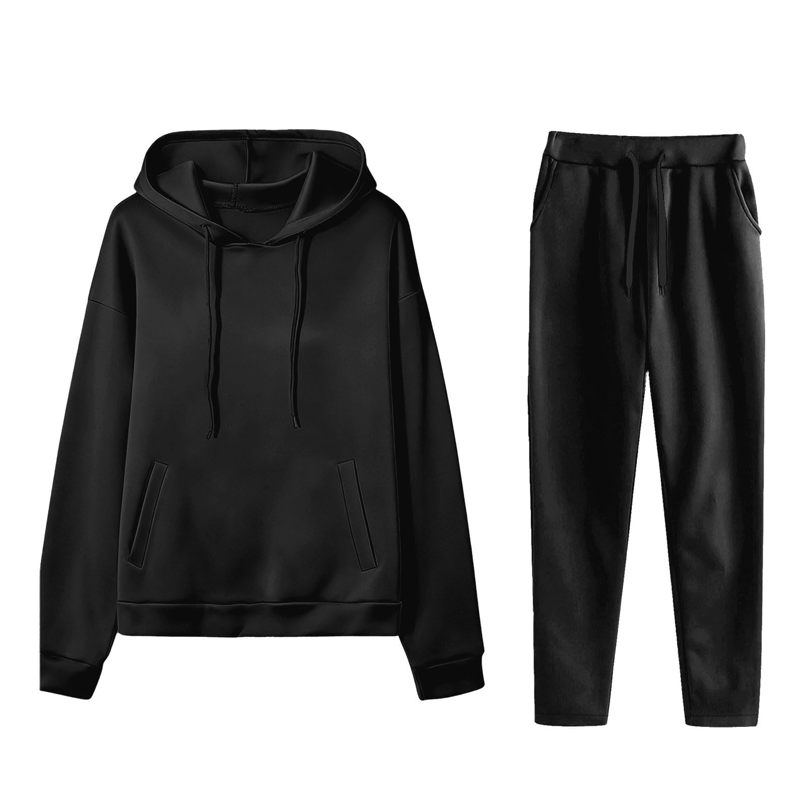 Elegante completo invernale in maglia: comodo pullover con cappuccio e pantaloni abbinati per un look casual e quotidiano.