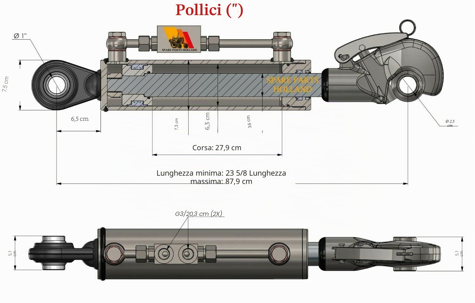 Terzo punto idraulico per trattore CAT2 + 2 ganci di bloccaggio 280 mm Corsa Bloccaggio completo di tubi e nippli
