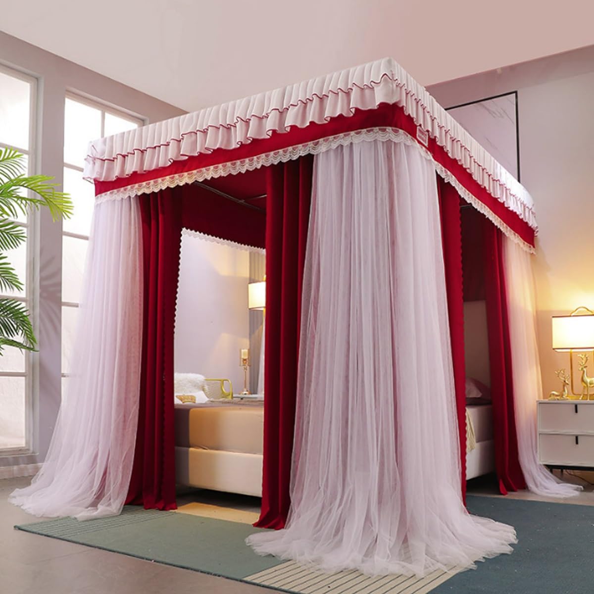 Ciel de lit princesse rideaux occultants et dentelle pour grand lit double 180 x 200 cm