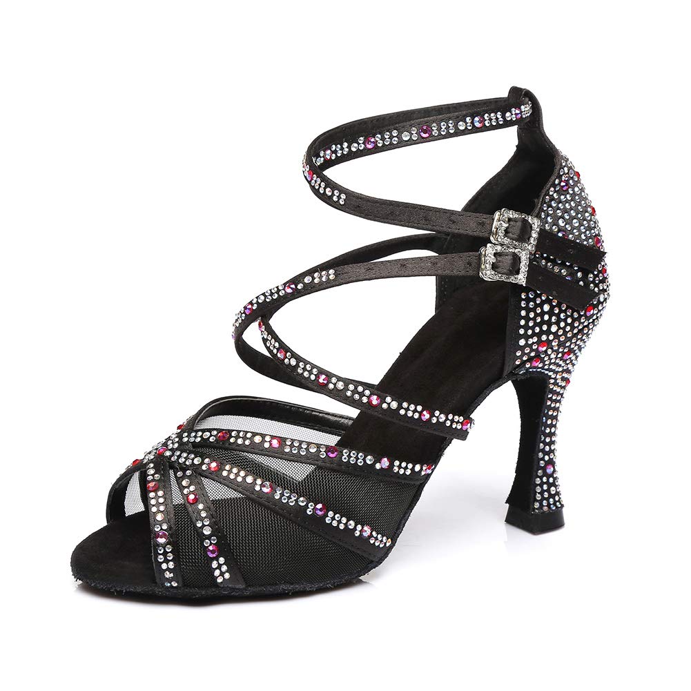 HROYL Zapatos de Baile de Salón Tacon Mujer Fiesta Elegante Zapatos de Baile de Diamante de Imitación Latino Salsa Tango, ES-YCL373-Negro-7.5 EU 43