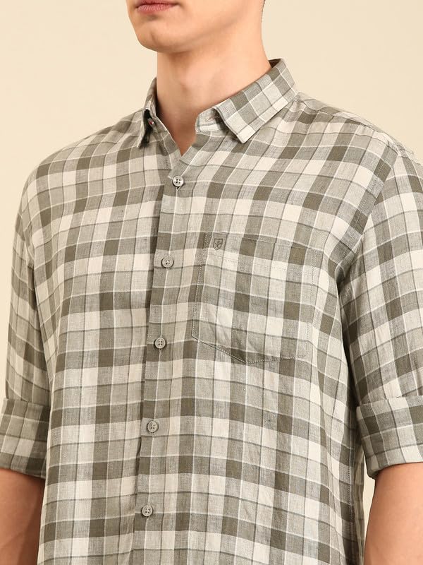 Image of Linen Club Men's Pure Linen Checked Contemporary Fit Full Sleeve Casual Shirt