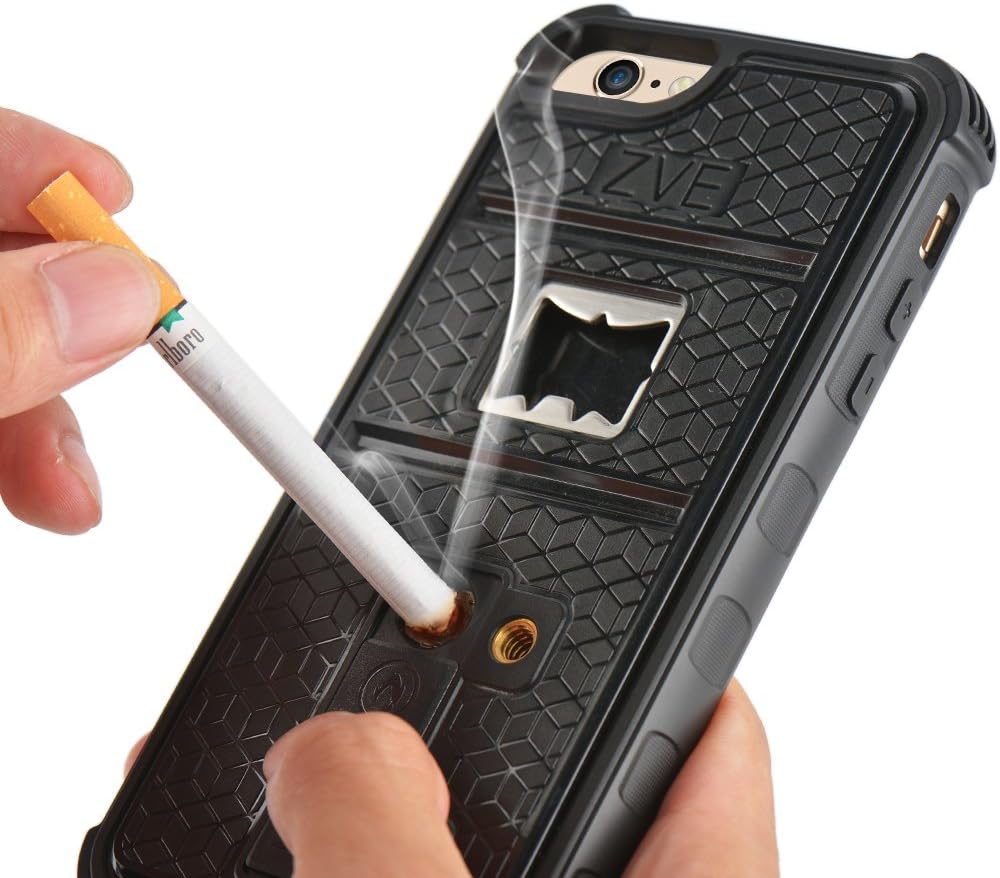 iPhone 6s Plus Case, ZVE Multifunctional Cigarette Lighter Cover for iPhone 6/6s Plus 5.5 Built-in Cigarette Lighter/Bottle Opener/Camera Stable Tripod/Shockproof Case (Black-iPhone 6 Plus 5.5)