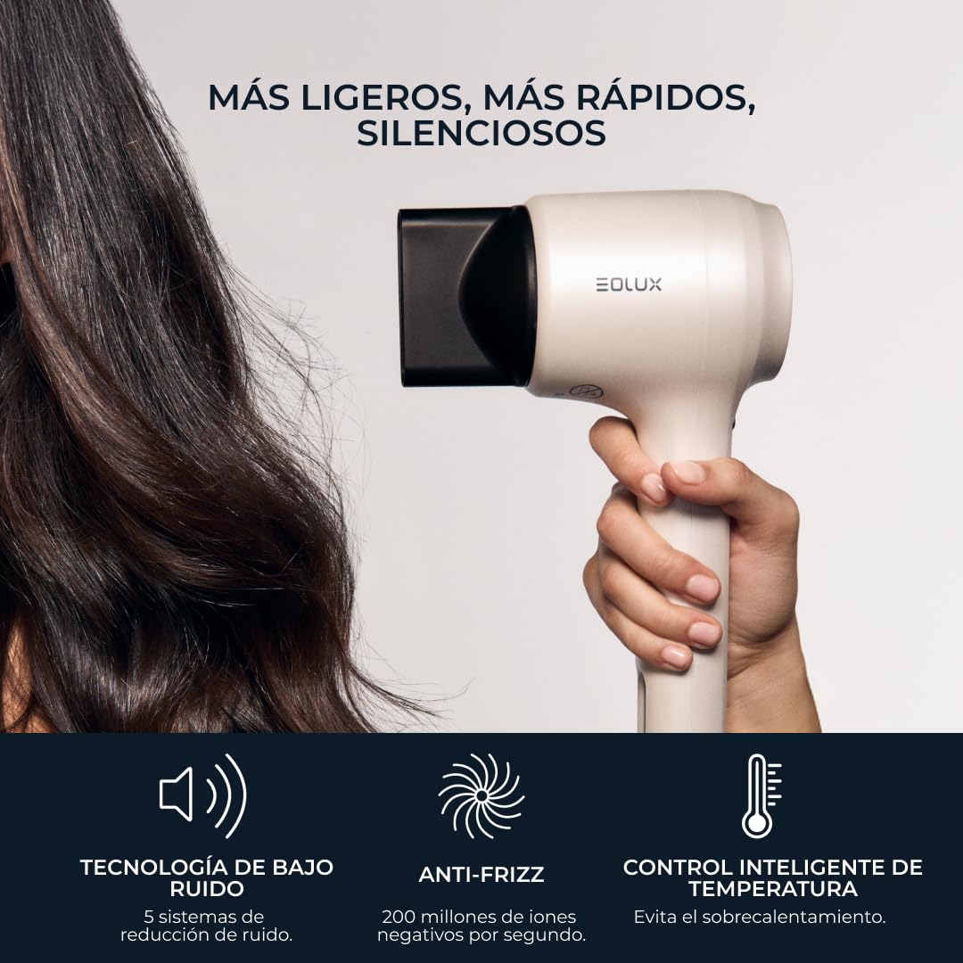 EOLUX | Secador de Pelo Profesional Iónico EX02 | Ergonómico, Sostenible y Silencioso | Protege el Cabello | Control de Temperatura | Motor Compacto | Boquillas Magnéticas | Pearl | 1500W