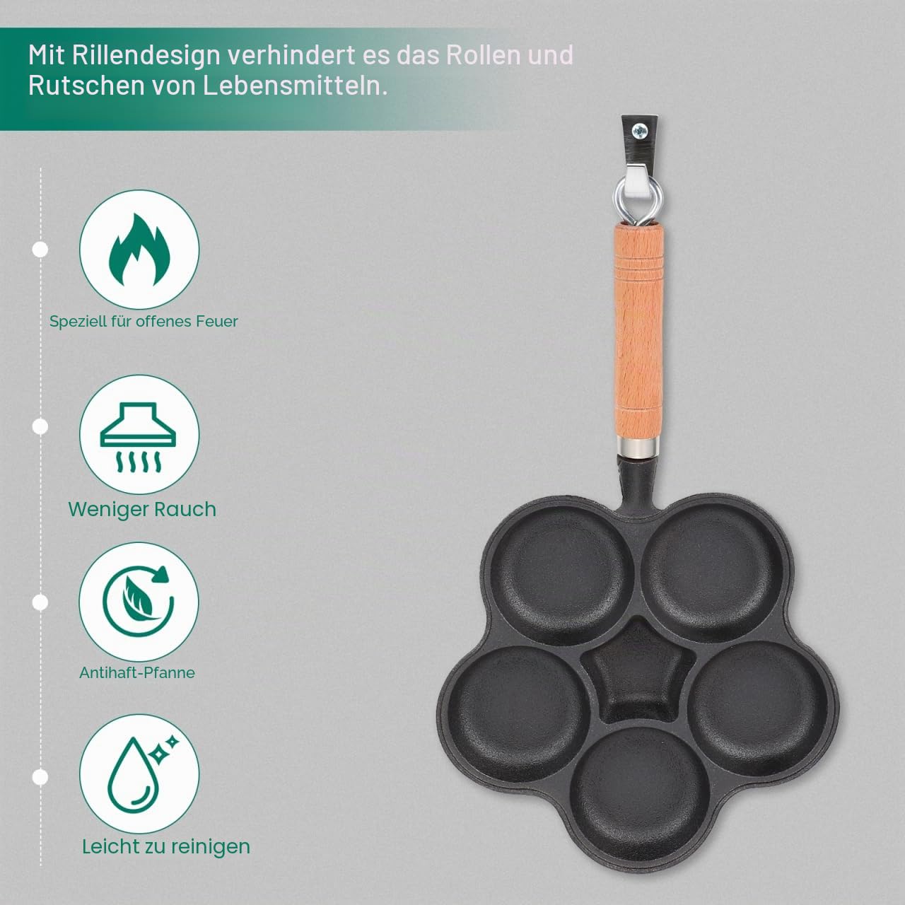 Gusseisen Eierpfanne mit 5 Löchern 5 Fach Spiegelei Pfanne mit Holzgriff Anti Heiß Griff Hamburger Form für Herd Induktion Küchenbratpfanne für Schnelles Kochen