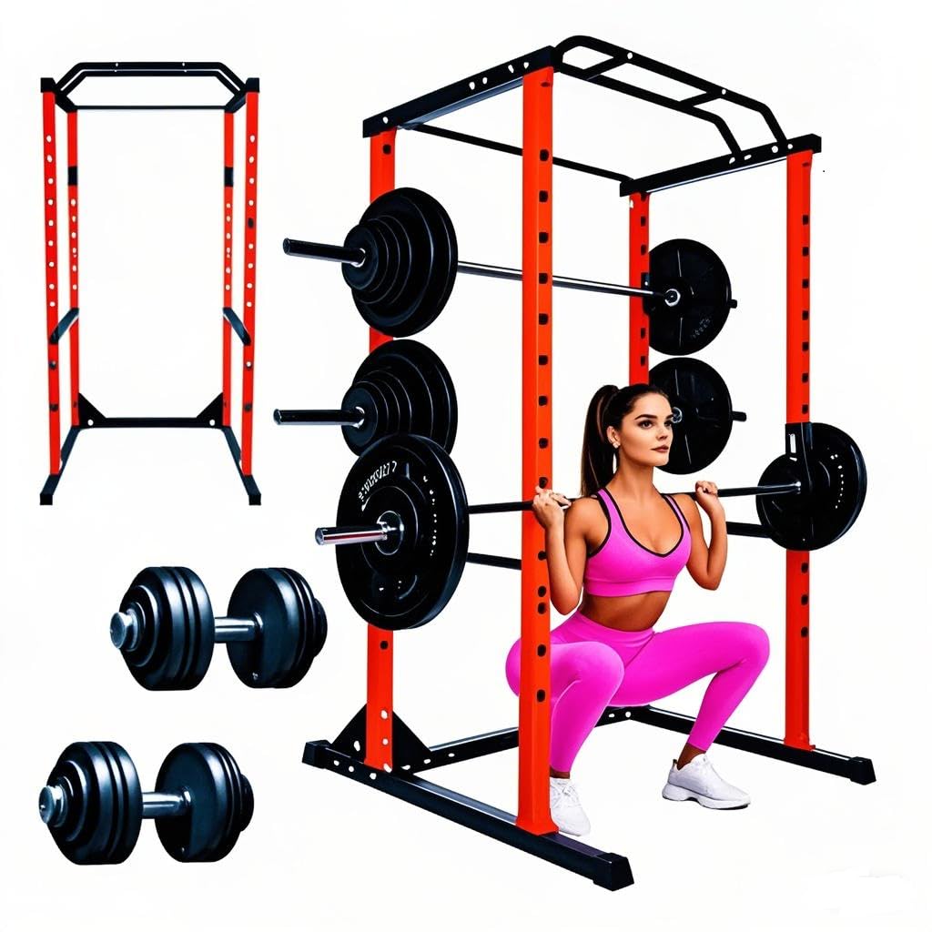 RQR Adjustable Squat Rack with Pull-Up Bar & Dip Station, 1200 LBS Heavy-Duty Power Rack for Home Gym, 14-Position J-Hooks, Landmine & Cable Attachment Compatible, Bench Press & Strength Training
