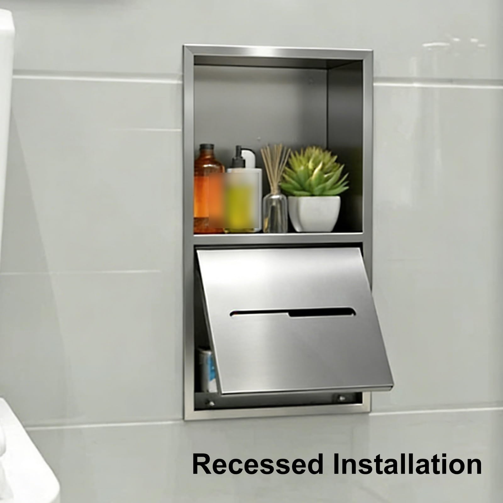Dispensador de Toallas de Papel Empotrado, Dispensador Papel Secamanos de Acero Inoxidable 304 con Plataforma de Almacenamiento para Uso Comercial y Doméstico(Gray)