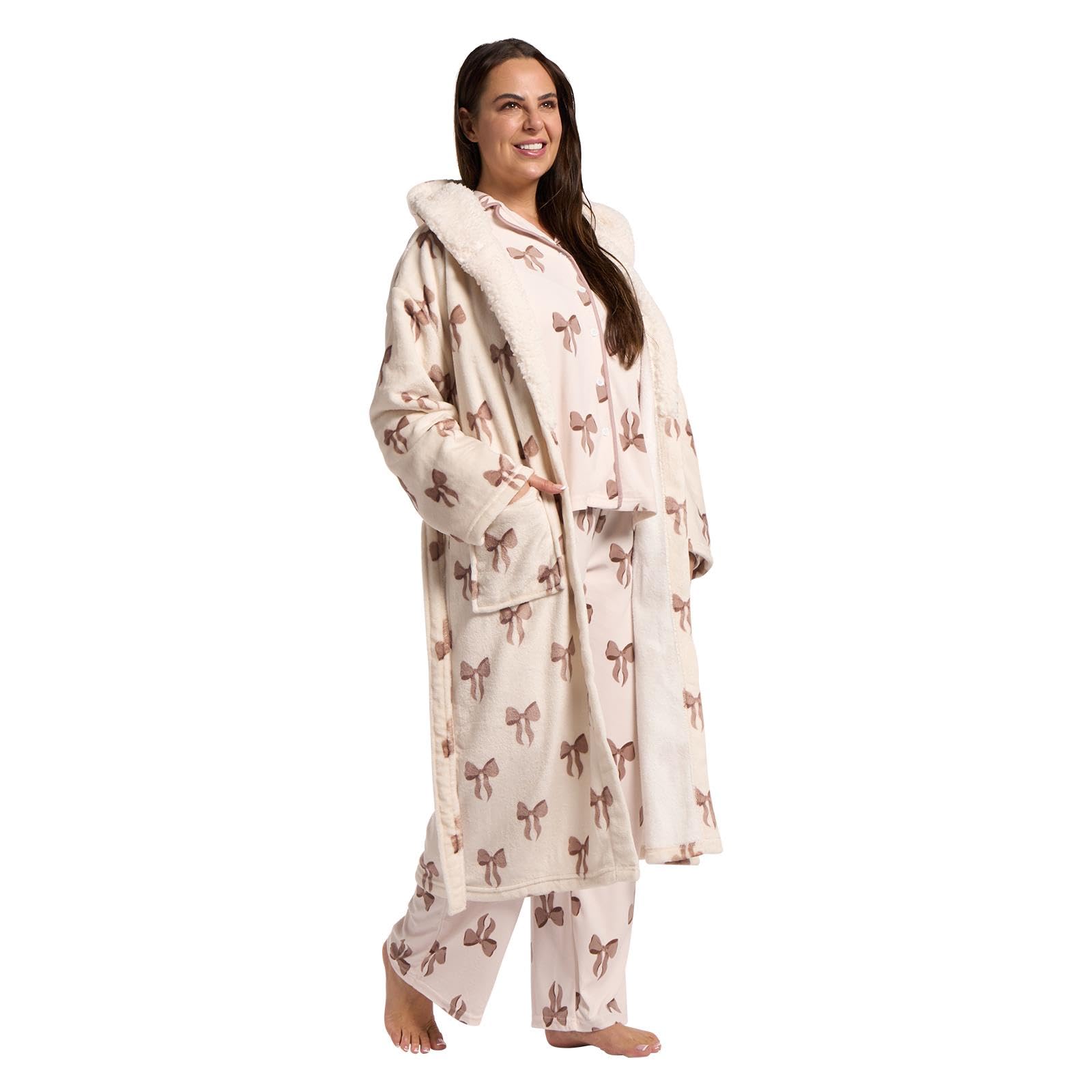 Ohs Women's Cream Bow Print Dressing Gown Mothers Day Gifts Super Soft Warm Flannel Fleece Hooded Bathrobe With Pockets Fluffy Sherpa Lined Luxury Oversized Fluffy Dressing Gowns,