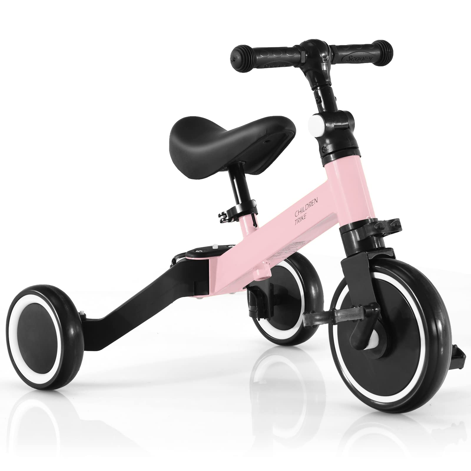 GYMAX 3 in 1 Kids Trike, Folding Baby Tricycle with Adjustable Handlebar and PU Seat, 3 Wheels Toddler Bike for 1-4 Years Old Boys Girls (Pink)