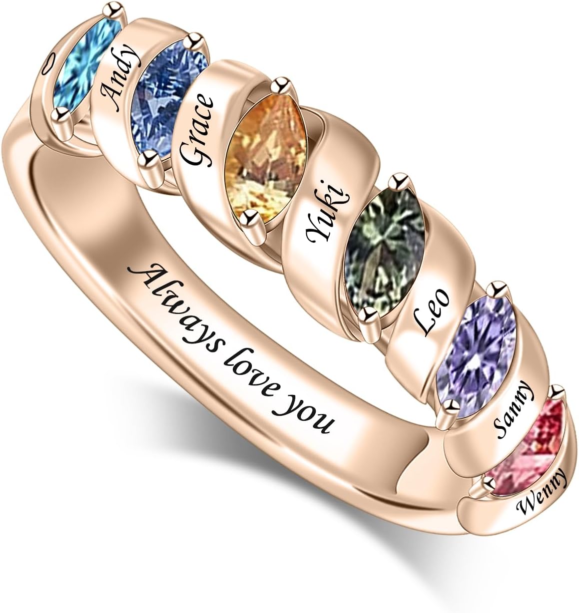 Personalized Gemstone Rings Custom Family Ring Womens Rings with 1-6 Birthstone Engraved Jewelry Gift for Her