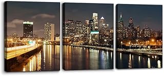 Pacimo - Cityscape Canvas Wall Art - Philadelphia Skyline with Urban Architecture - Modern Artwork Painting Prints for Home Decor Gallery Wrapped Stretched and Framed Ready to Hang - 12"x16"x3 Panels