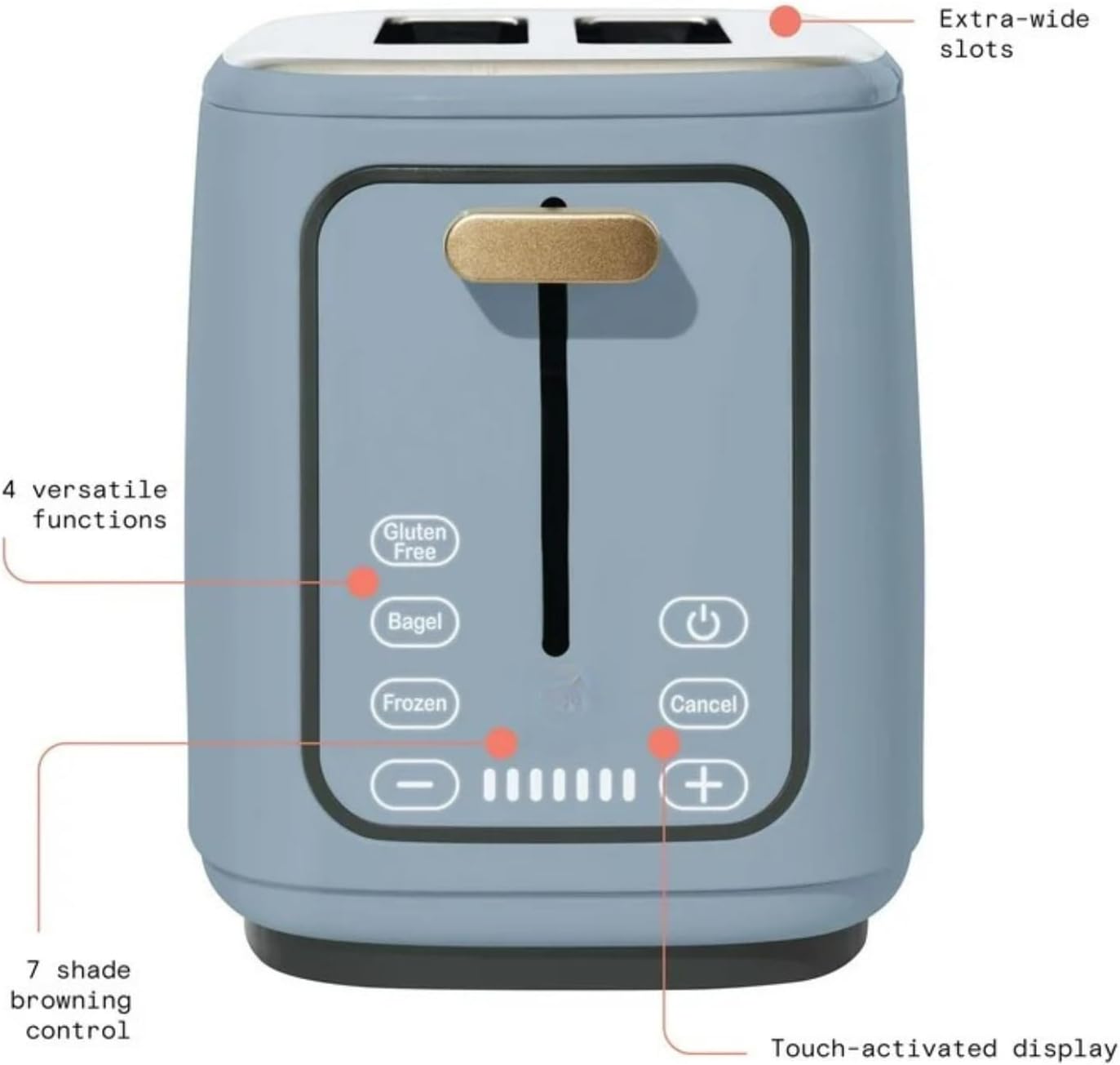 2 Slice Toaster, Touch-Activated Display, Extra Wide Slots, Bagel Function, Stainless Steel Kitchen (Cornflower Blue)