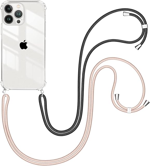 caslord Crossbody Case for iPhone 13 Pro Max 6.7, Necklace Mobile Phone Cover with 2 Adjustable Lanyard Straps, Transparent Soft TPU Lanyard Case with Neck Cords (Black+Golden Pink)