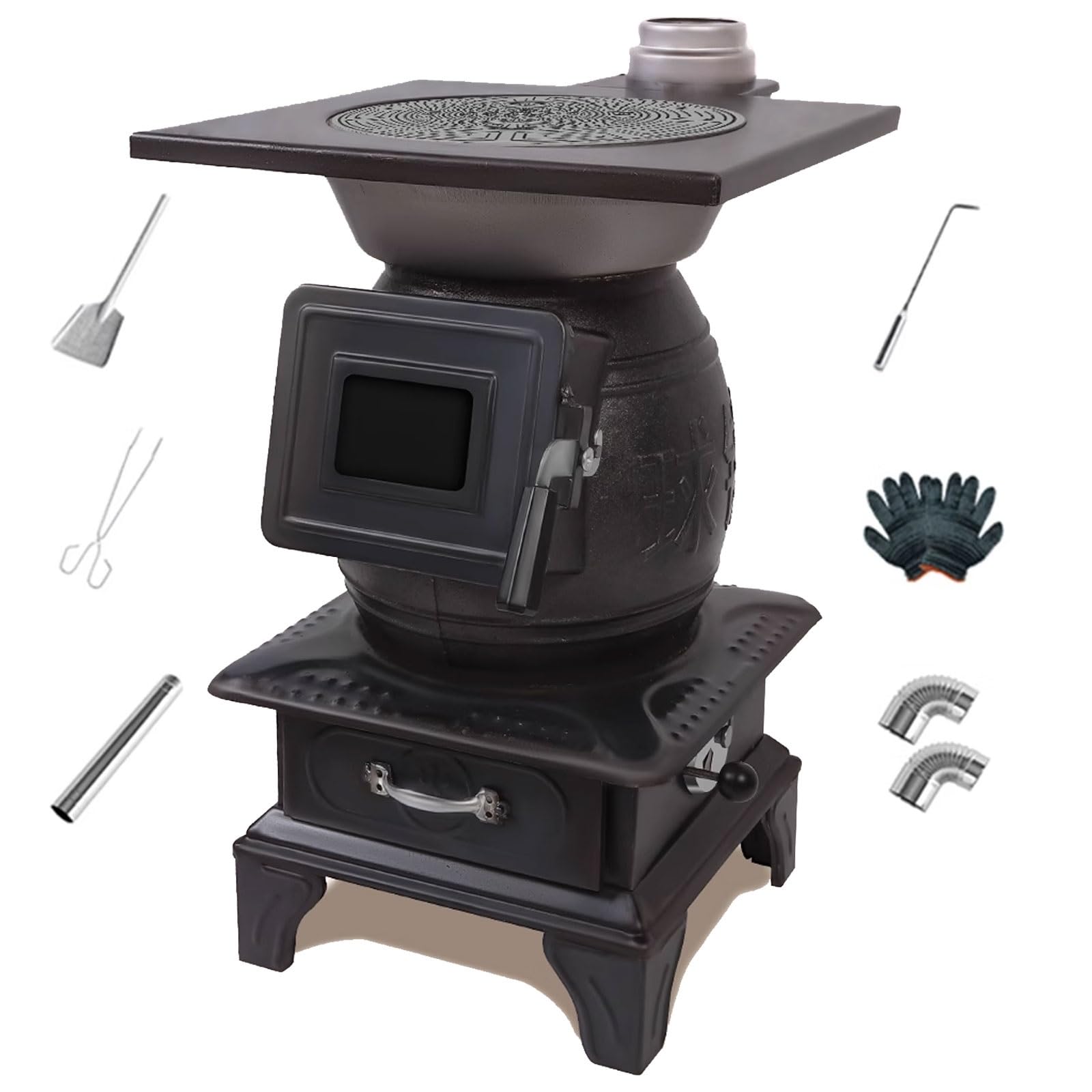 Stufa A Legna Braciere Da Esterno Stufa A Pellet Piccola Rivestimento Interno in Ghisa Include Spatola, Pinza, Gancio E Canna Fumaria Da 100 Cm Fornello Multiuso
