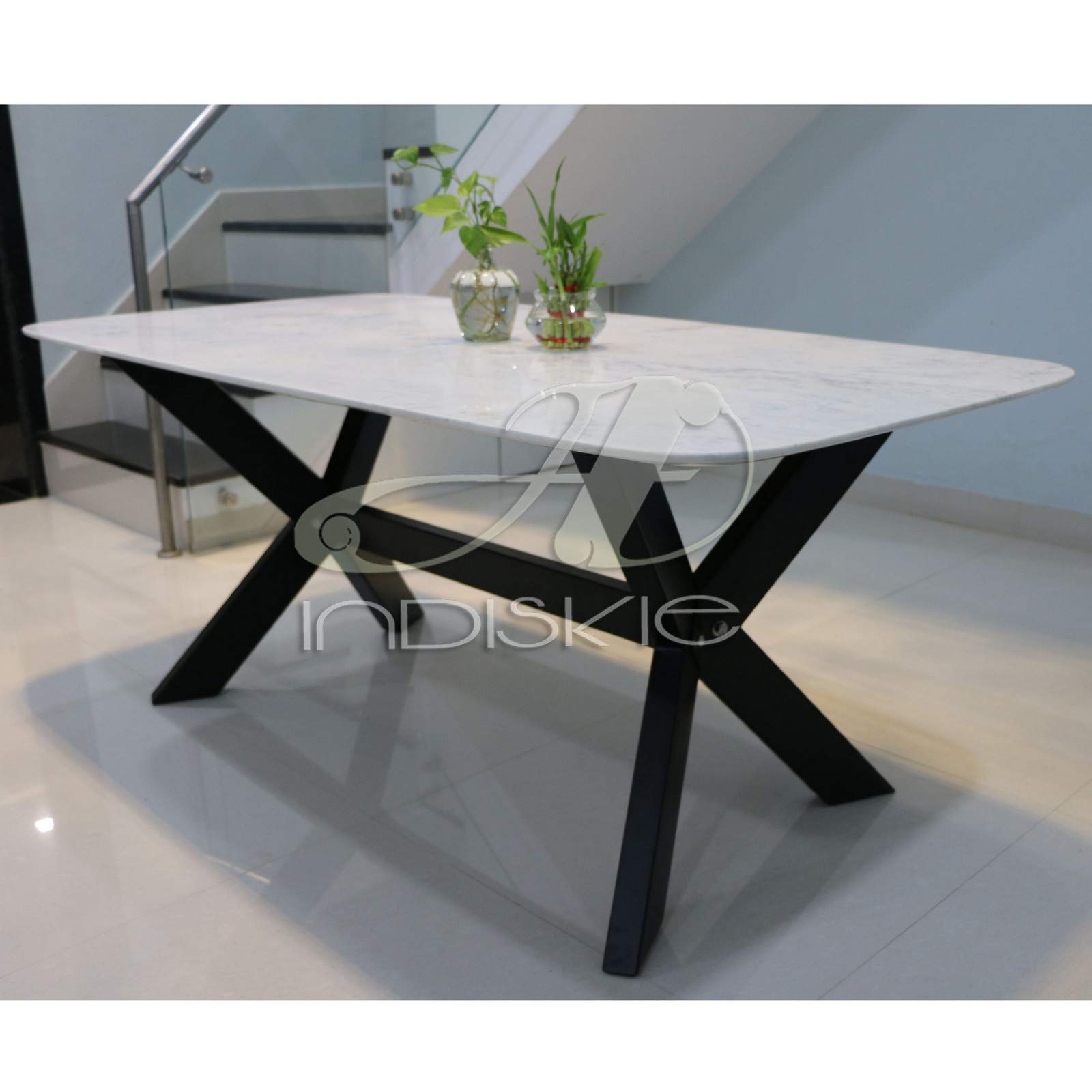 INDISKIE Six Seater White Natural Marble Top Dining Table with Black
