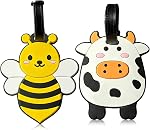 2Pcs Tags mignons de bagages, Silicone Voyage Tags Vache & Identificateur de valises pour abeilles avec nom Adresse par étiquette Étiquette Sac à valises Sac à dos Sac, Etiquettes de bagages Cadeau de voyage étanche