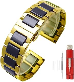 Luxury Black White Blue Green Brown Pink Ceramic Watch Band Stainless Steel Watch Bracelets Deployment Clasp Metal Watch Strap for Men Women 14mm 16mm 18mm 20mm 22mm