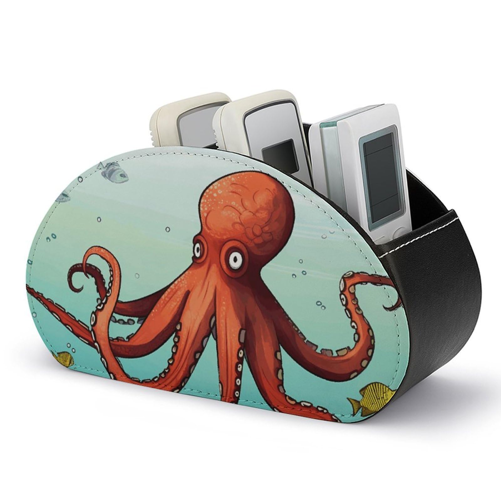 VstaDank Giant Octopus Remote Control Holder with 5 Compartments PU Leather Remote Caddy Desktop Organizer Store TV Remote Control Storage Box for Home Office Desk Nightstand