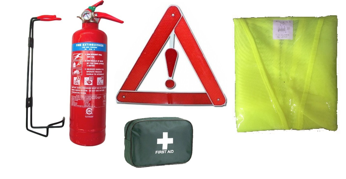 Fss Uk Car/Vehicle Safety Kit. Premium 1 Kg Powder Fire Extinguisher, 1St Aid Kit, Hi Viz Vest Reflective Triangle. For Cars Travel Caravans Taxi Bsi Kitemarked.