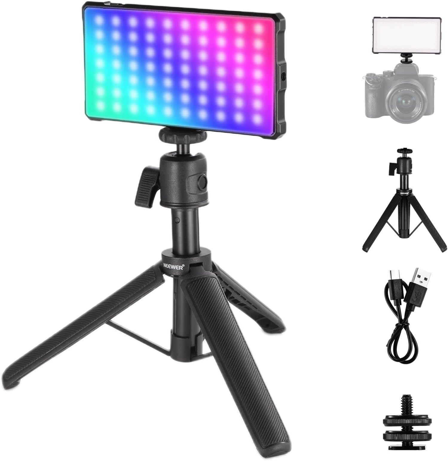BASICS Full RGB Camera Video Light with Desk Tripod Stand, 8W CRI97 2700K-7500K 18 Scenes 4000mAh Portable Metal Small LED Panel Lighting for DSLR Streaming Photography Video Recording, SL90C