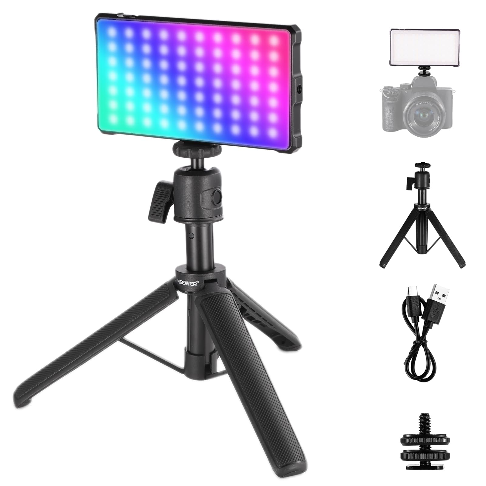NEEWER Basics Full RGB Luz Foco Video Cámara con Trípode Escritorio, 9W CRI97 2700K-7500K 17 Escenas Portátil Small Panel LED Metal Iluminación para Transmisión DSLR Fotografía Grabación Video, SL90C | 8W, CRI97, 2700K-7500K, 17 Escenas, 4000mAh, Panel Pe