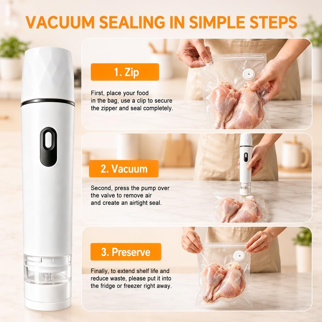 Compact Vacuum Sealer for Food & 15 Reusable Bags - Keep 6X Fresh Up Longer | Extend Food Freshness, Strong Suction Power, USB Rechargeable, BPA-Free, For Food Storage, Meal Prep
