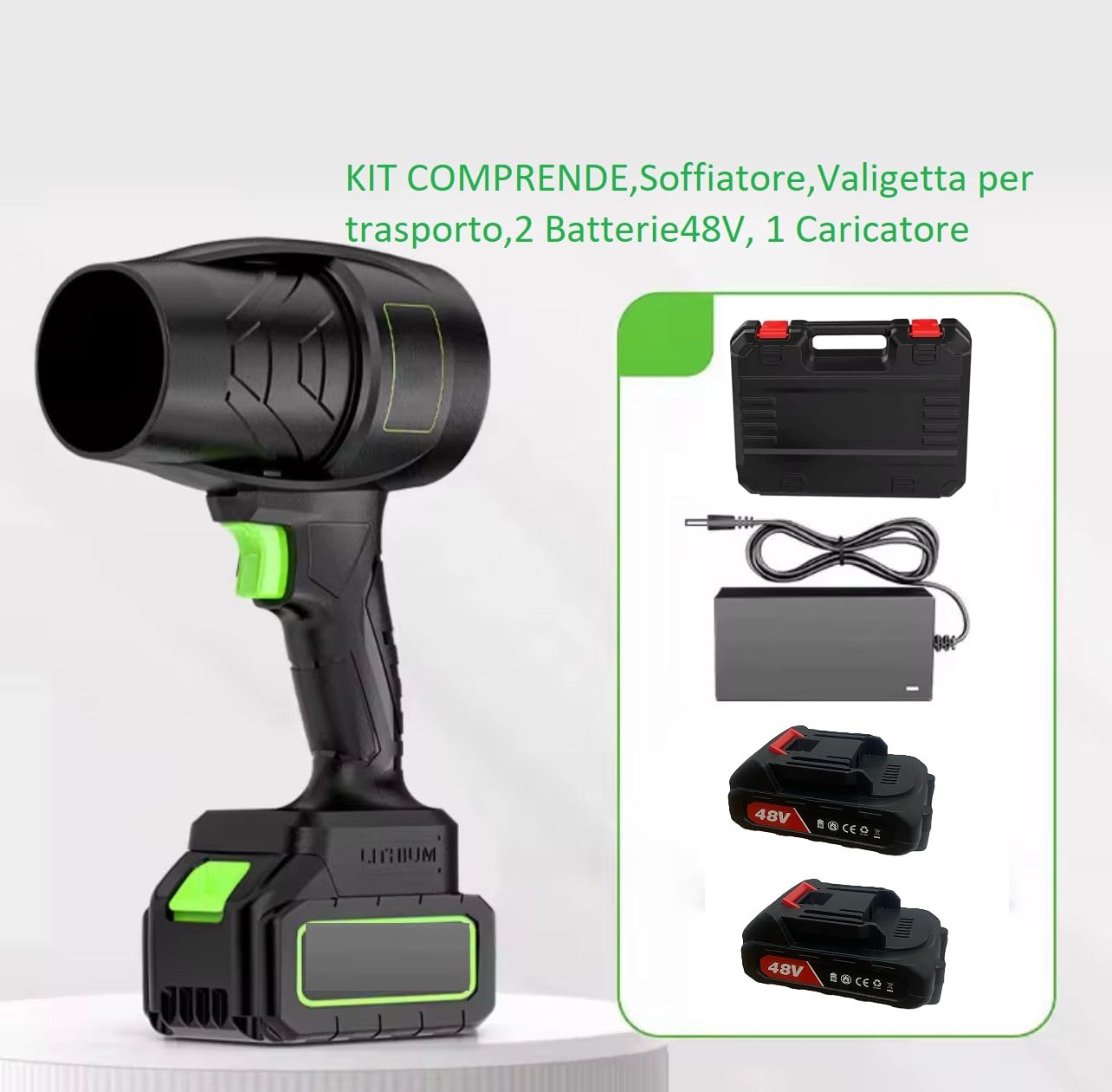 Soffiatore a Batteria 48V Portatile, Doppia Batteria 3000mAh, con Custodia e Caricatore, per Auto e Giardino