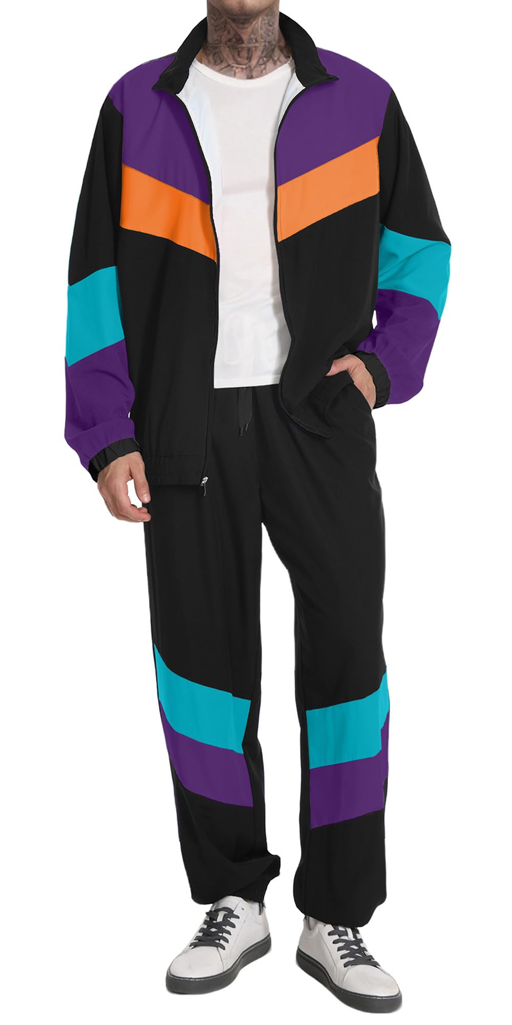 UOUA 80s Outfit Men 90s Tracksuit Costumes Halloween 70s Windbreaker Jacket Track Suit 2 Piece Hip Hop Set