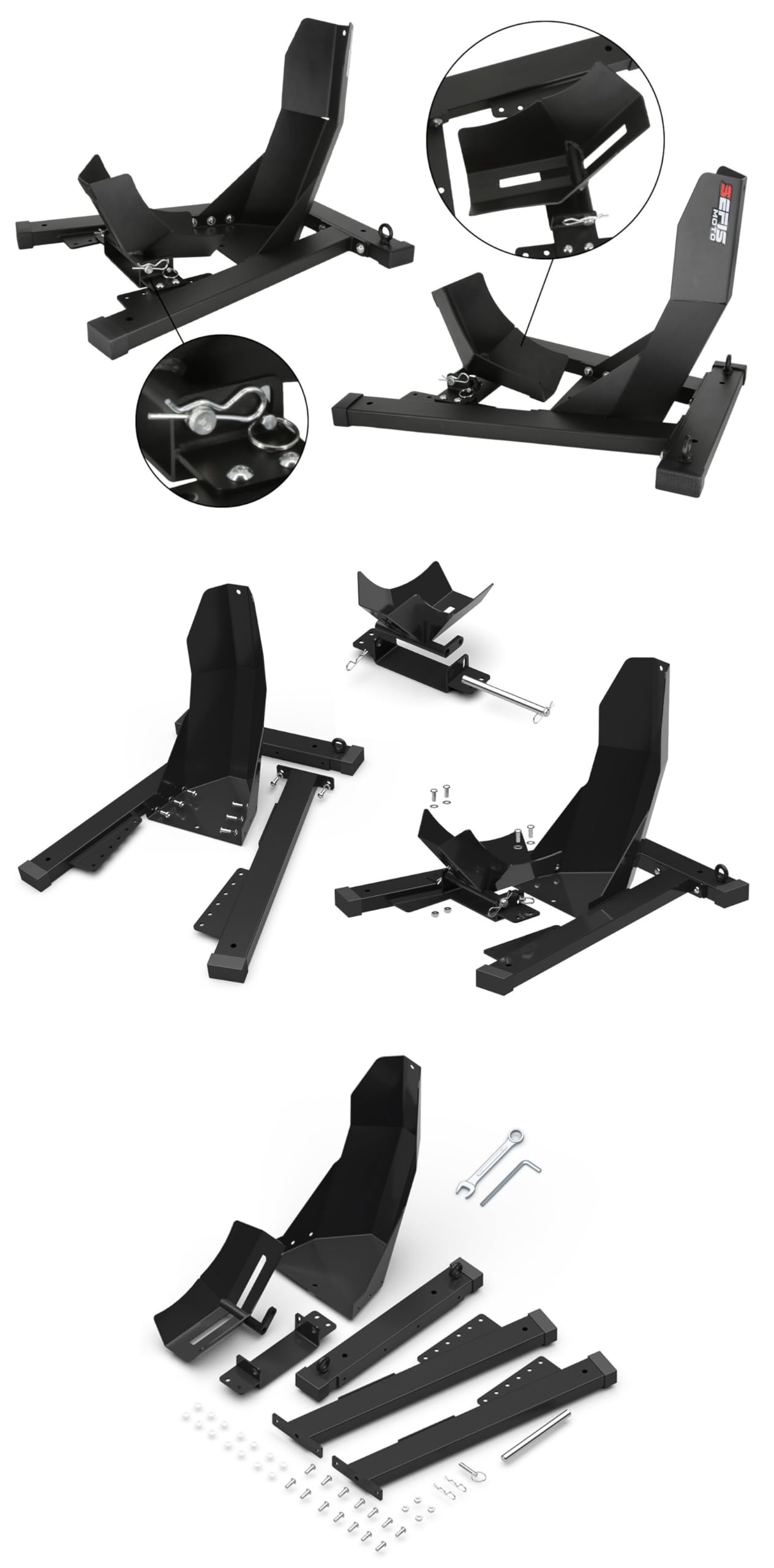 SEFIS C20 Soporte de transporte para motocicleta delantera de moto, balancín de motocicleta, soporte de transporte, para neumáticos delanteros de 16 – 21 pulgadas, montaje en suelo, abrazadera de