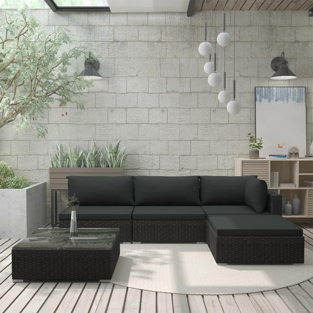 vidaXL Patio Lounge Set 5 Piece, Patio Conversation Set with Cushions, Outdoor Sectional Sofa with Coffee Table for Garden, Poly Rattan Black