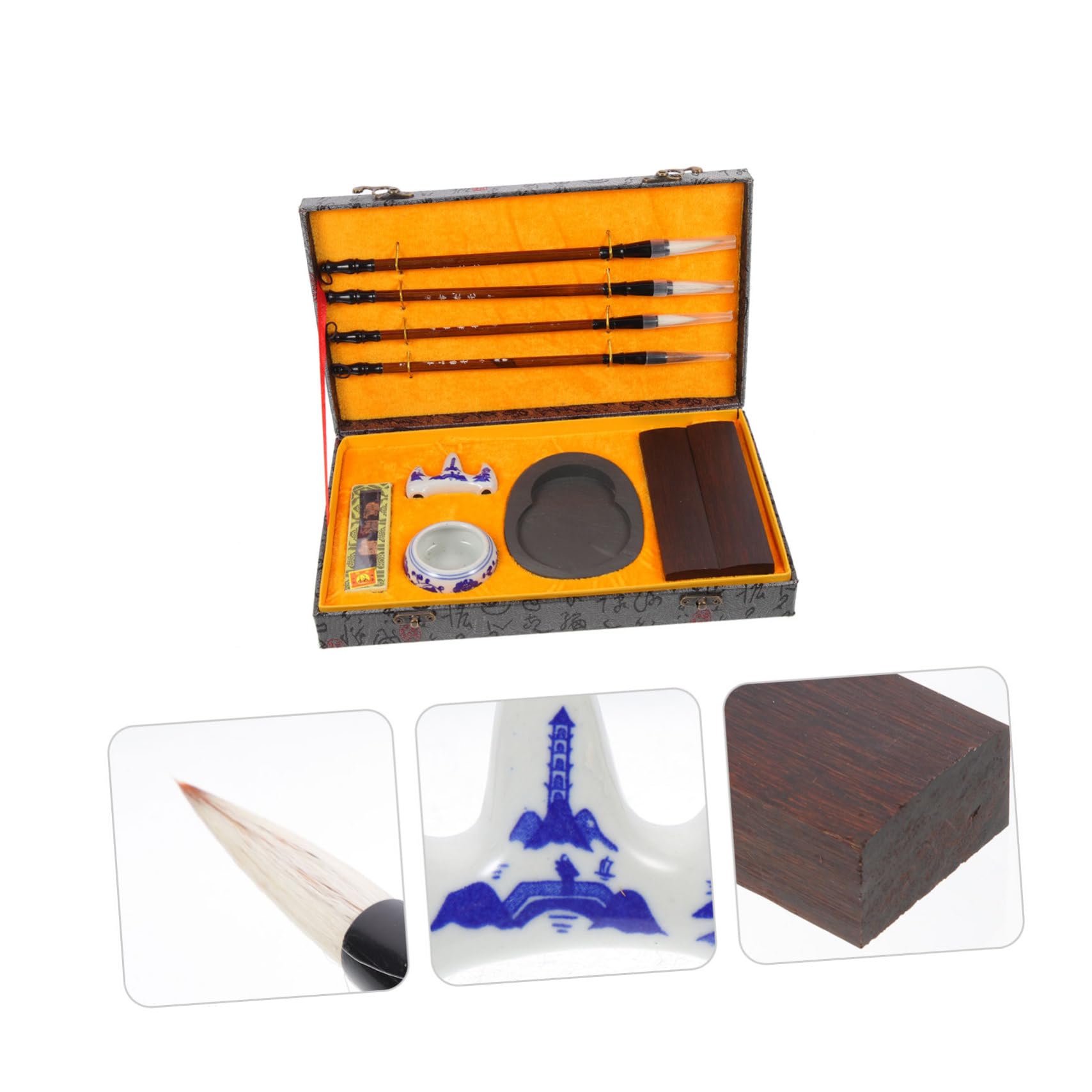 jojofuny Set de Pinceaux D'écriture Chinois pour Calligraphie Pierre à Encre et Bâton D'encre, Bois Portable, Résistant la Déformation, pour Étudiants en Pratique Artistique