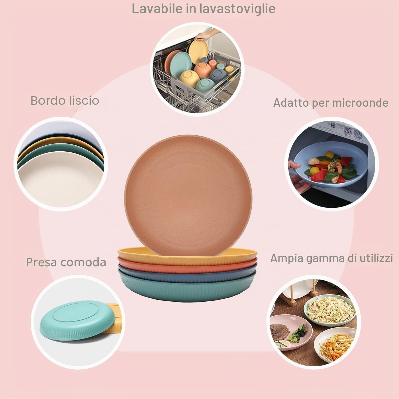 67 Pezzi Piatti Plastica, Posate da Viaggio Rigida Lavabili Senza BPA per 6 Persone, Piatti Campeggio In 6 Colori Adatti Per Pasti In Famiglia E Campeggio, Lavabili In Lavastoviglie.