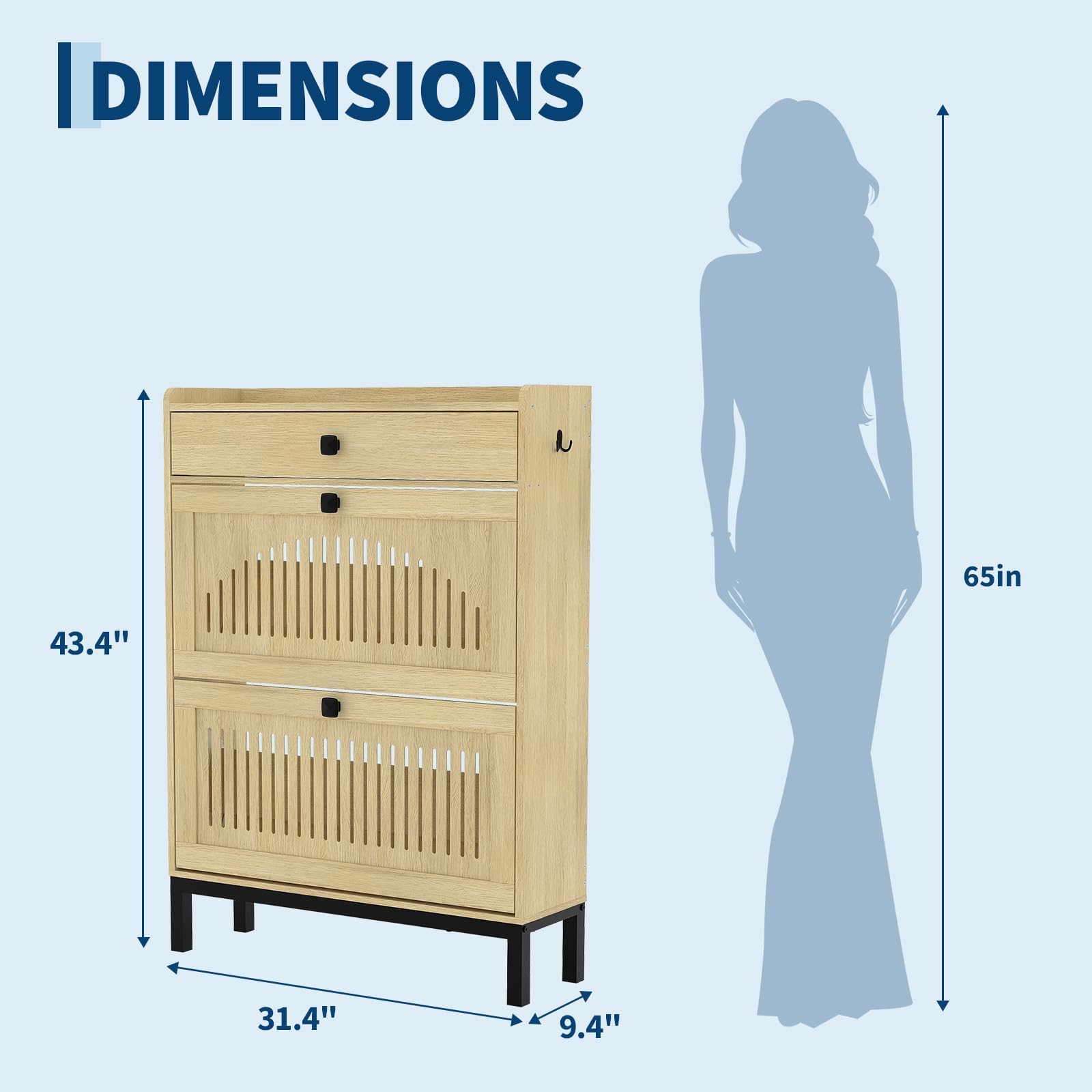 Zstar Armoire à Chaussures 2 tiroirs rabattables, étagères réglables, Grand Rangement dissimulé, en Bois indépendant pour entrée, Couloir ou Salon — Bois Naturel.