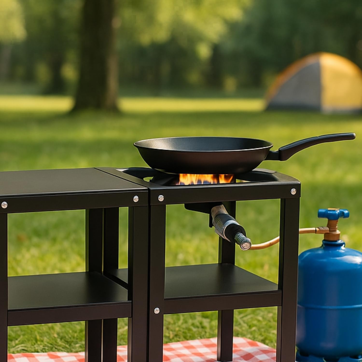 MOHOME Fornellone a Gas Esterno Premium Quality Made in Italy Ferro Resistente Portatile 30 x 60 x 80 cm Bruciatore Ghisa Regolatore 4 Piedi con Banchetto Supporto Pentole Campeggio Pic Nic Outdoor